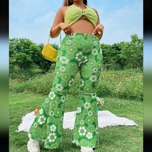 0x St Patrick's Day 70s Flare 4 Leaf Clover Stretch Pants Retro Festival Hippie